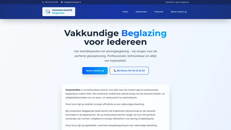 Website van Glaszettersbedrijf Terporten