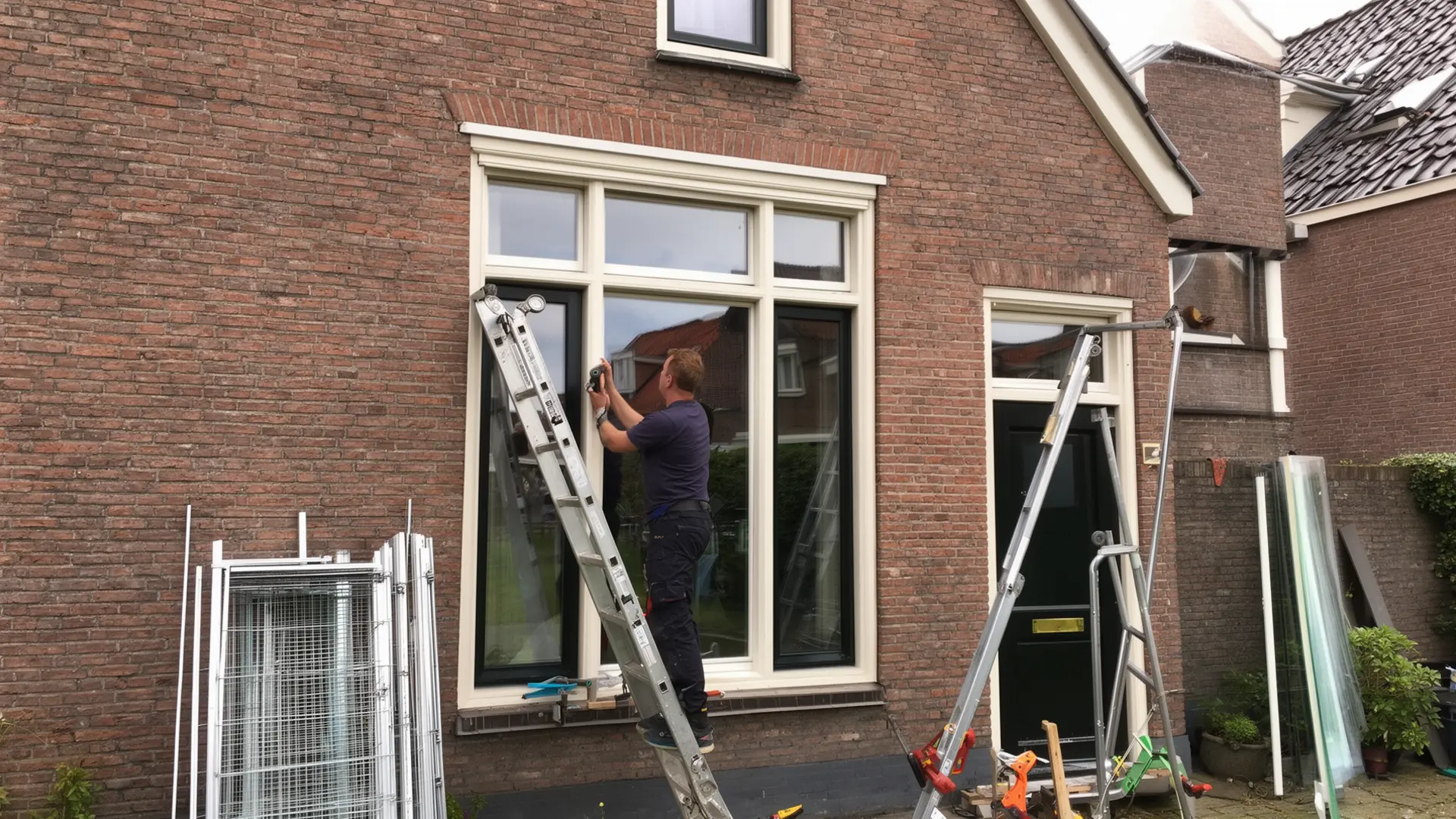 Glaszetter plaatst een ruit in een Nederlandse woning